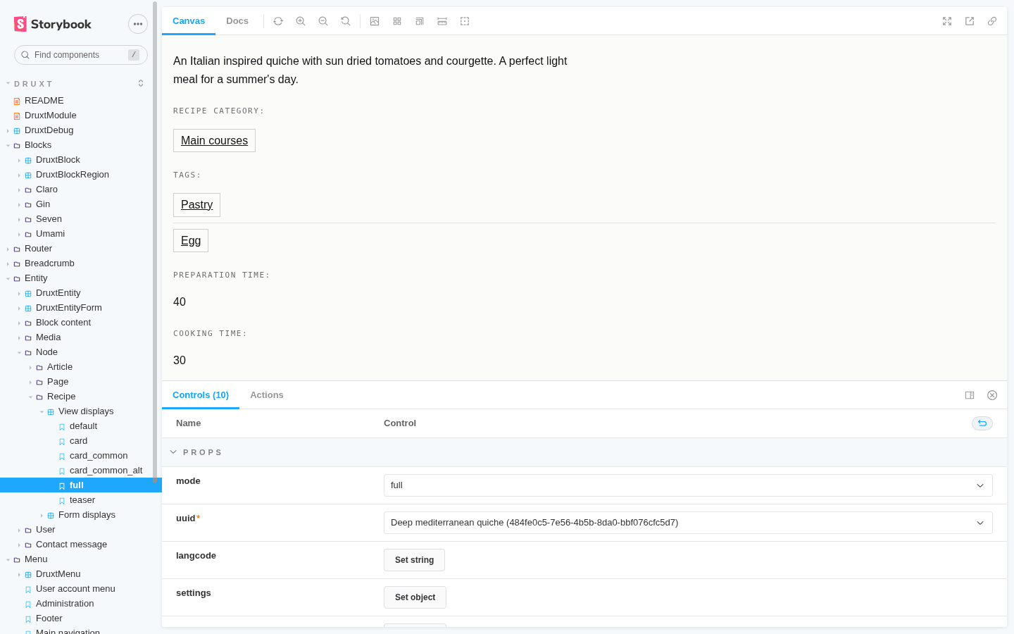 A recipe's full display story rendering live Umami content, its summary, category, tags and timing fields, with the uuid control set to a real recipe