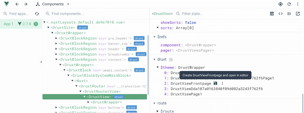 Vue.js Devtools showing the DruxtJS integration